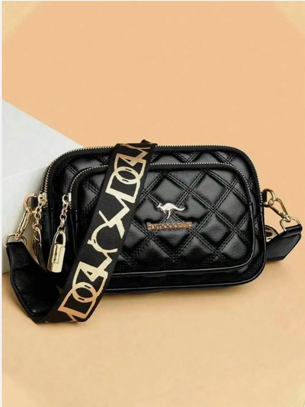 Quilted Black Crossbody Bag with Logo Strap